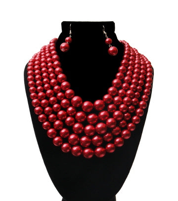 Wine Multi Strand Pearl Necklace Set